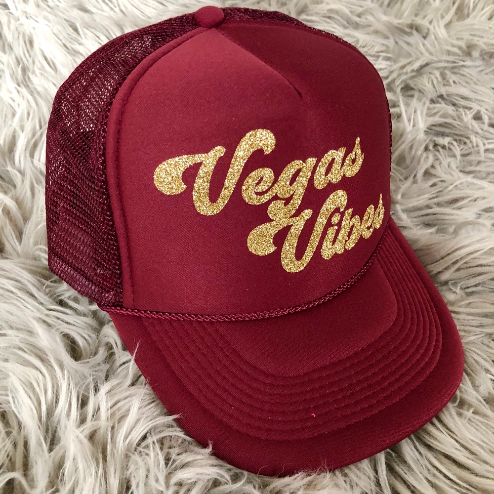 Trucker Hat Maroon Vegas Vibes  Gold Glitter